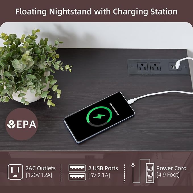 Modern Espresso Fluted Floating Nightstand with Charging Station, NightStand with Drawers, Bedside with USB Ports and Outlets, Bedroom Furniture (Right)