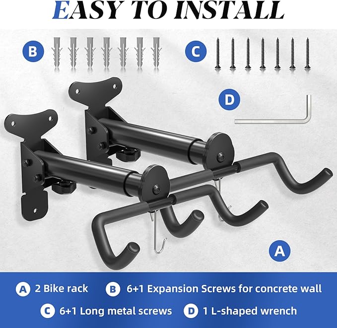 Goovilla Bike Wall Mount Hanger Adjustable - Space Saving Horizontal Bicycle Rack for Mountain/Road/Hybrid Bikes | Secure Home Garage Storage with Easy Installation | 2-Pack Cycling Holder Hook,Black