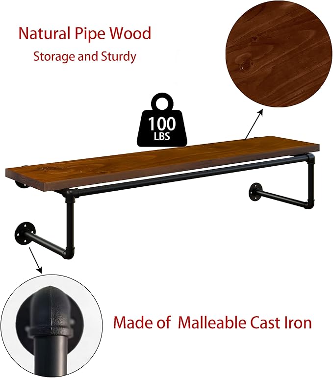 Clothes Rack 42in, Wall Mounted Garment Racks with Real Walnut Wood Shelf, Heavy Duty Hanging Clothes Rack, Multi-Purpose Hanging Rod, Space-Saving Closet Storage