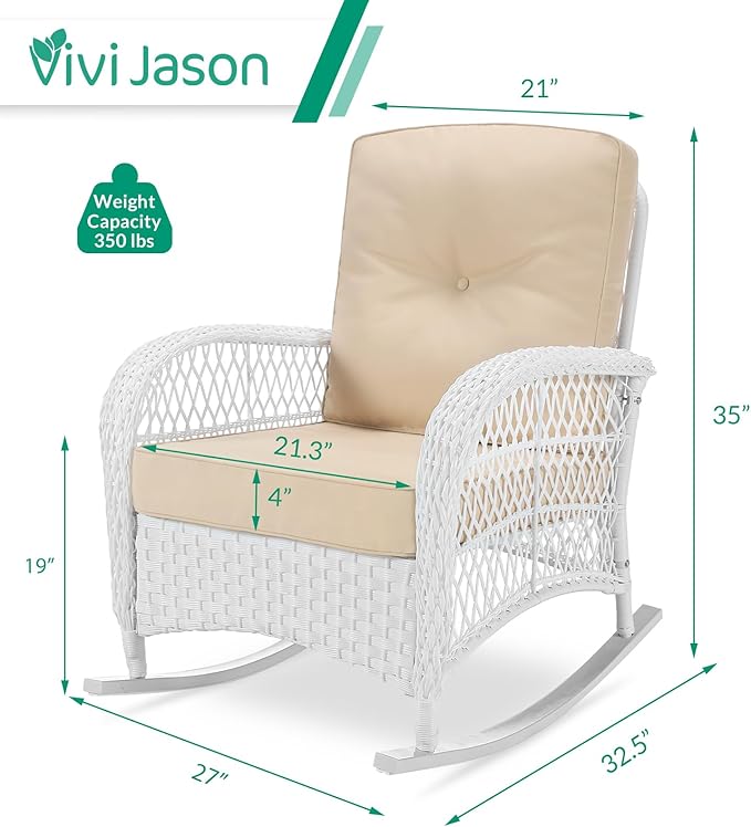 VIVIJASON 2 Piece Patio Wicker Rattan Rocker Chair, Outdoor Rattan Rocker Chair with Cushions & Steel Frame, All-Weather Rocking Lawn Wicker Furniture for Garden Backyard Porch (White Wicker/Beige)