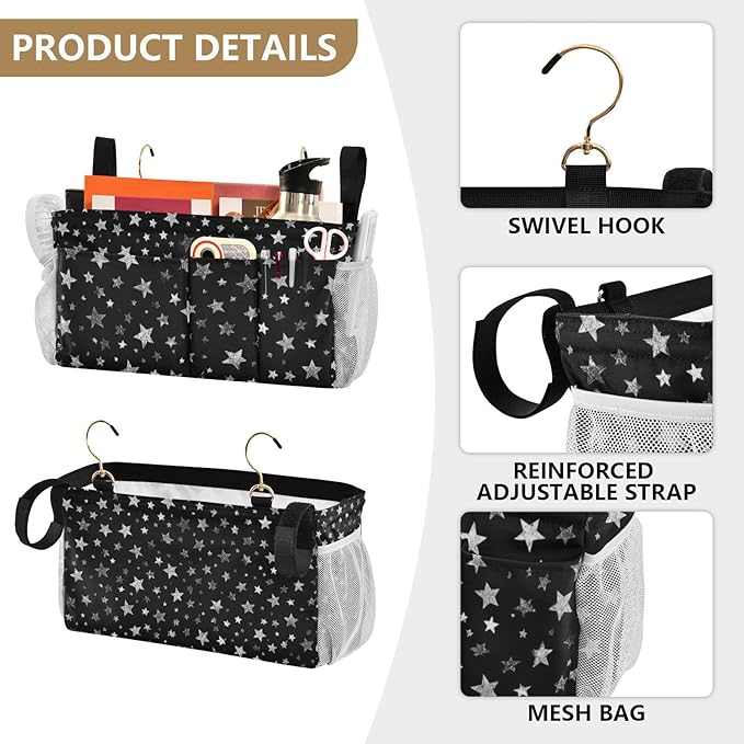 Sparkly Silver Stars Bedside Caddy for Dorm Bed Bedside Hanging Caddy Bag Iron Frame Storage Organizer Pocket for Bunk Home College Hospital Beds 2 Hooks