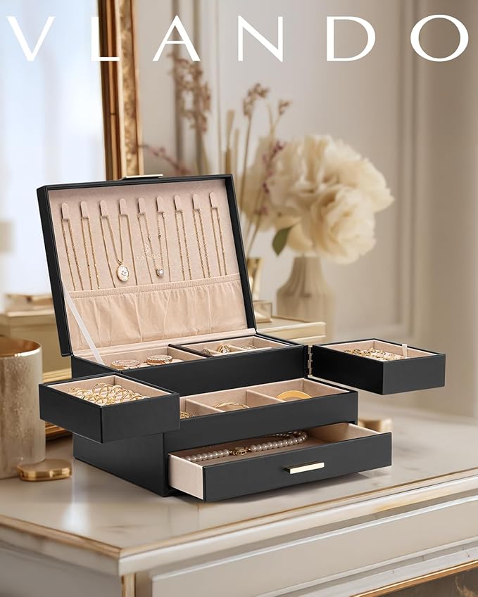 Vlando 3 Layer Jewelry Box - Women Jewelry Box with Retractable Tray - Jewelry Organizers with Drawer for Necklaces, Rings, Bracelets, Earrings, Gift for Couples Mom Girls - Black