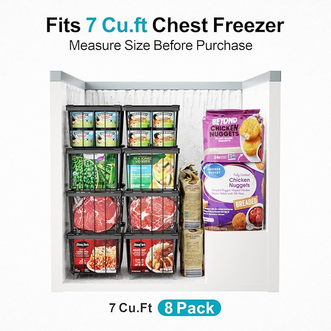 iSPECLE Freezer Organizer Bins - 4 Pack Small Stackable Freezer Baskets for 7 Cu.ft Deep Freezer, Easy Access Food No More Digging, Sturdy Metal Wire Basket Not Scratch Bottom, Black