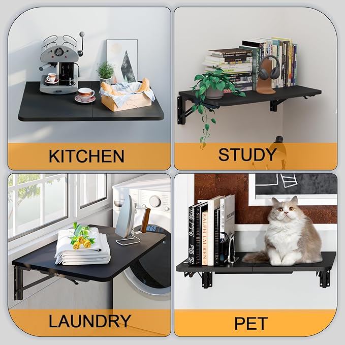 TEAMIX Wall Mounted Folding Table, Black Floating Desk for Small Spaces Laundry Shelf with Heavy Duty Brackets Floating Desk for Garage, Utility Room, Kitchen, Laundry Room