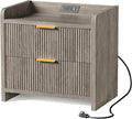 Fluted Nightstand with Charging Station, 23.6" Modern Night Stand with 2 Drawers, Side Table with Storage, Bedside Table for Bedroom, Living Room, Grey