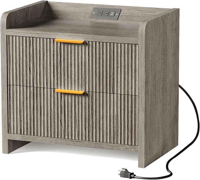 Fluted Nightstand with Charging Station, 23.6" Modern Night Stand with 2 Drawers, Side Table with Storage, Bedside Table for Bedroom, Living Room, Grey