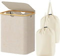 Lifewit 120L Large Laundry Hamper with Lid, Foldable 2 Section Laundry Basket with Bamboo Handles and Removable Bags for Laundry Room, Bathroom, Bedroom, Beige