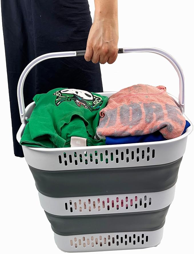 SAMMART 40L (10.5 Gallon) Collapsible Plastic Laundry Basket with Handles - Foldable Pop Up Storage Container/Organizer - Portable Laundry Hamper - Space Saving (2, White/Steel Grey)