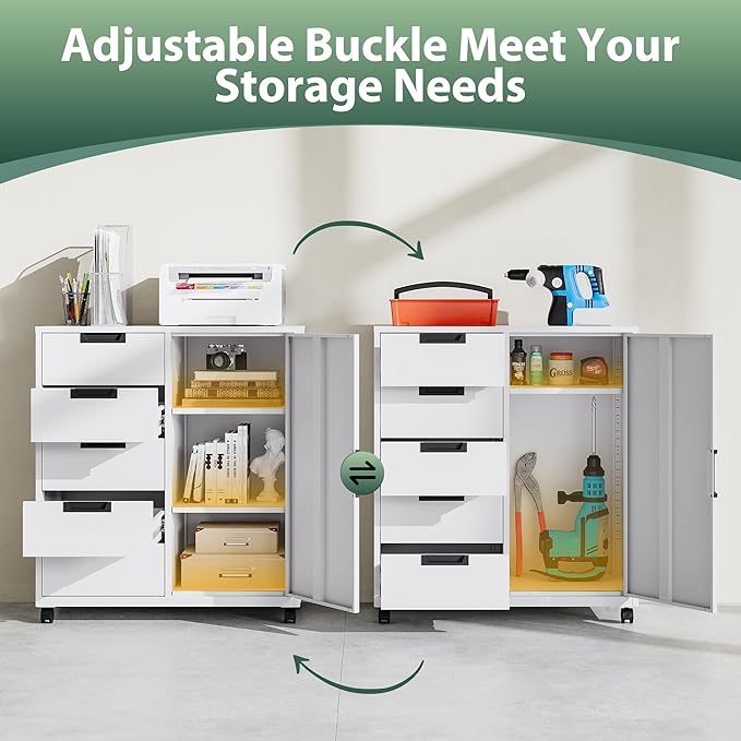 MIIIKO 5 Drawer Storage Cabinet with Door and Shelf, Mobile Lateral Cabinet on Wheels, Office Small Organizer Printer Stand, White File Cabinets