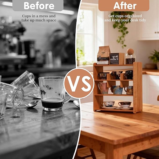 Coffee Cup Holder for Countertop Walnut Wood Coffee Mugs Holder for Kitchen Mug Display Rack (4-Tier wood B)