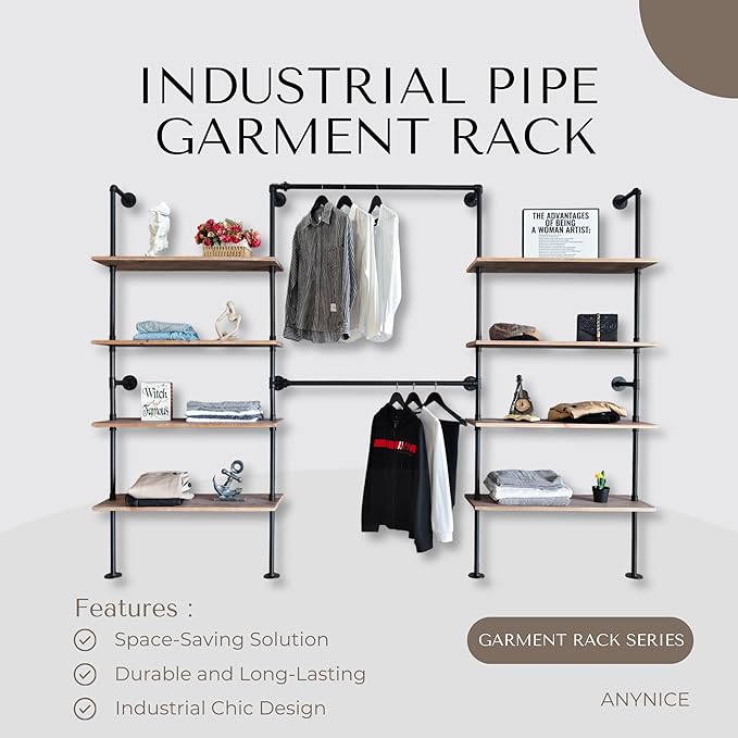 Industrial Pipe Clothing Rack, Wall Mounted Garment Hanging Rack with Shelves, 14.6x112.6x82.7 Inches, Model Y03