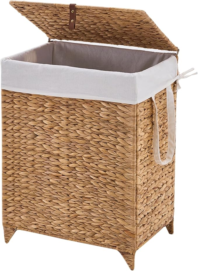 Laundry Hamper with Lid and Removable Liner Bag, Handwoven Natural Hyacinth Clothes Hamper with Heightened Feet, Wicker Laundry Basket for Clothes and Towels，Middle