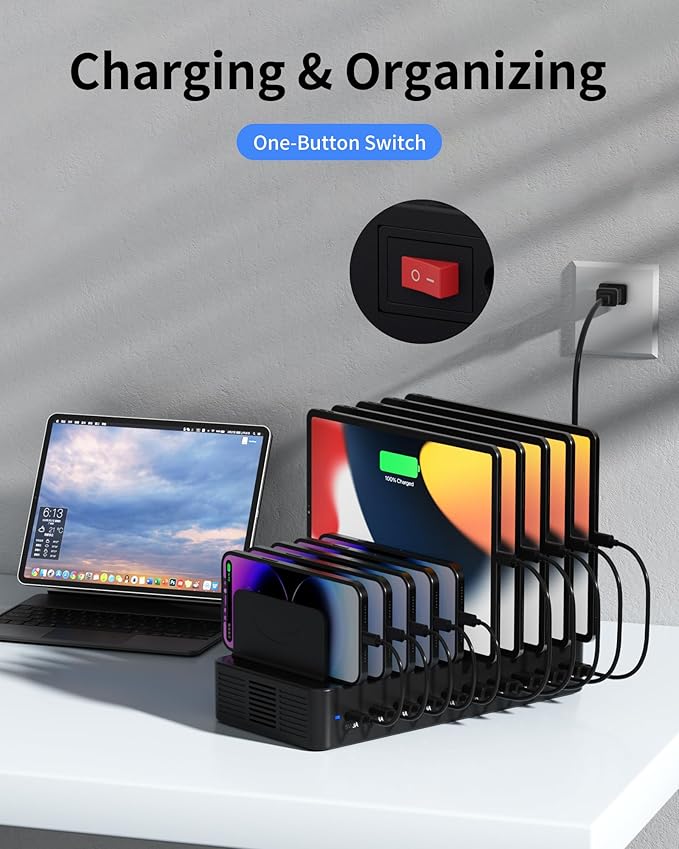 100W Charging Station for Multiple Devices, 10-Port USB Fast Charging Station with Adjustable Dividers & 10 Cables- Multi Device Organizer Charging Dock for iPhone, iPad, Tablets & More