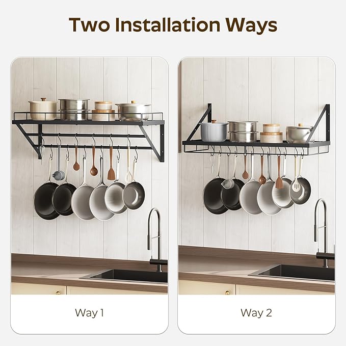 Pot Rack, 30 Inch Wall Mounted Pot Rack, Kitchen Pot and Pan Organizer with 2 Tier Hanging Rails, 12 S-Hooks, Space Saving, for Kitchen Cookware Organizer, Black PR02BK