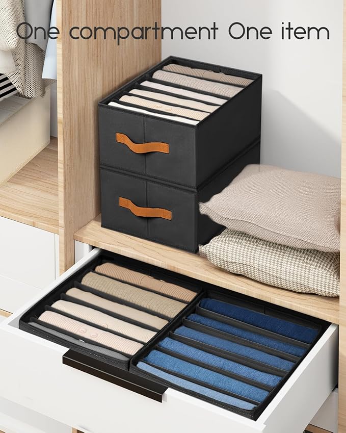 Closet Organizers and Storage - Fabric Clothes Organizer with Handles, Foldable Jeans Organizer for Clothes, Drawer Organizer for Shirts, Bra, Sweater, Scarf, 4 Pack, Black