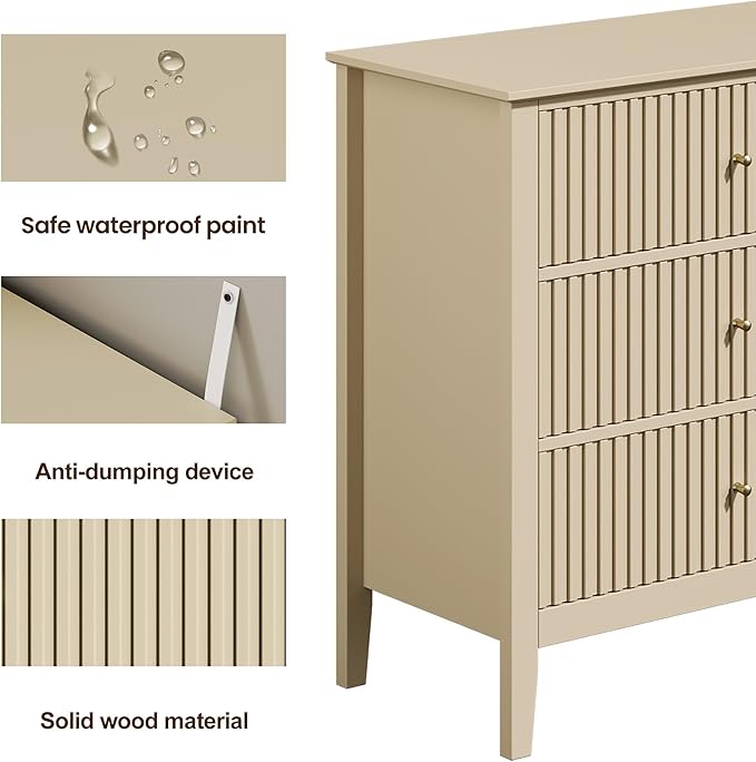RoyalCraft Beige 6 Drawer Dresser, Fluted Modern Wood Chest of Drawers, Long Dresser for Bedroom TV Stand Storage Cabinet for Living Room