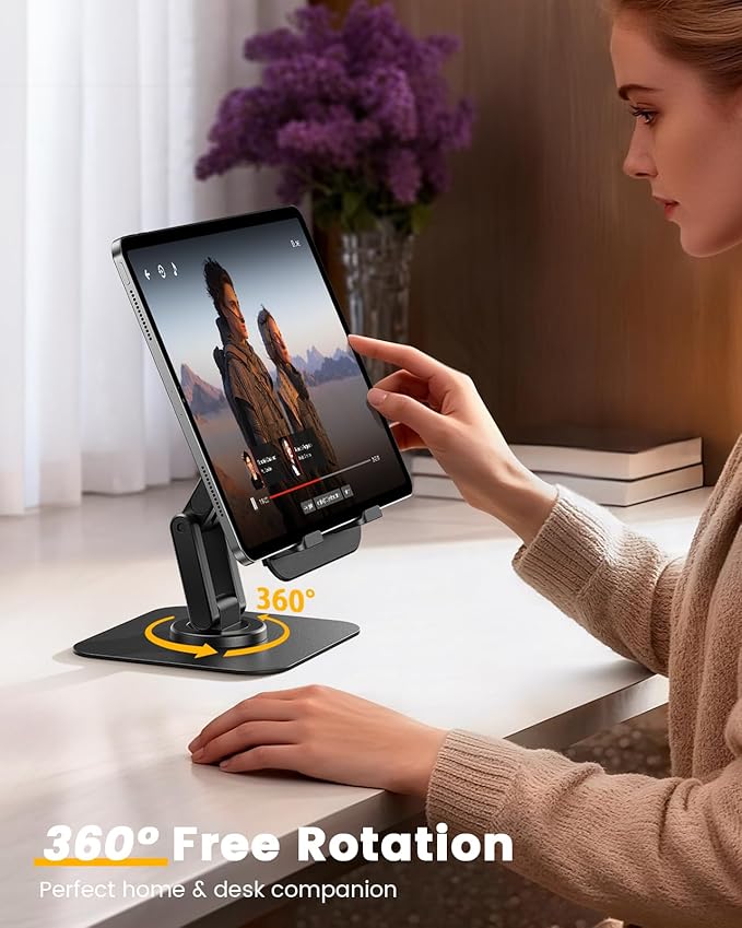 Lamicall Rotating Tablet Stand for Desk - [Fully Adjustable][Foldable & Portable] iPad Stand with Heavy-Duty Base, Tablet Holder for 4.7-13" Devices, 2025 iPad Pro Air Mini, Kindle, iPhone 17 Pro Max