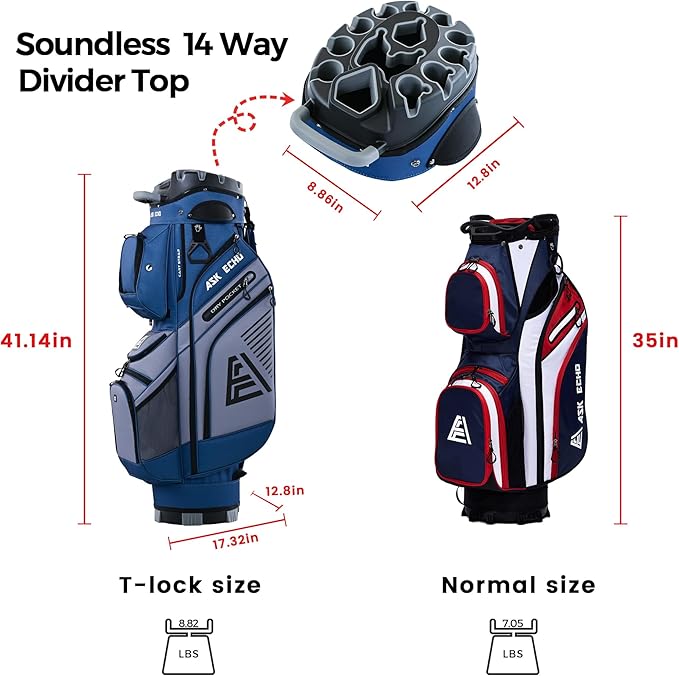 ASK ECHO 2024 T-Lock Golf Cart Bag with 14 Way Organizer Divider Top, Premium Cart Bag with Handles and Rain Cover, for Men