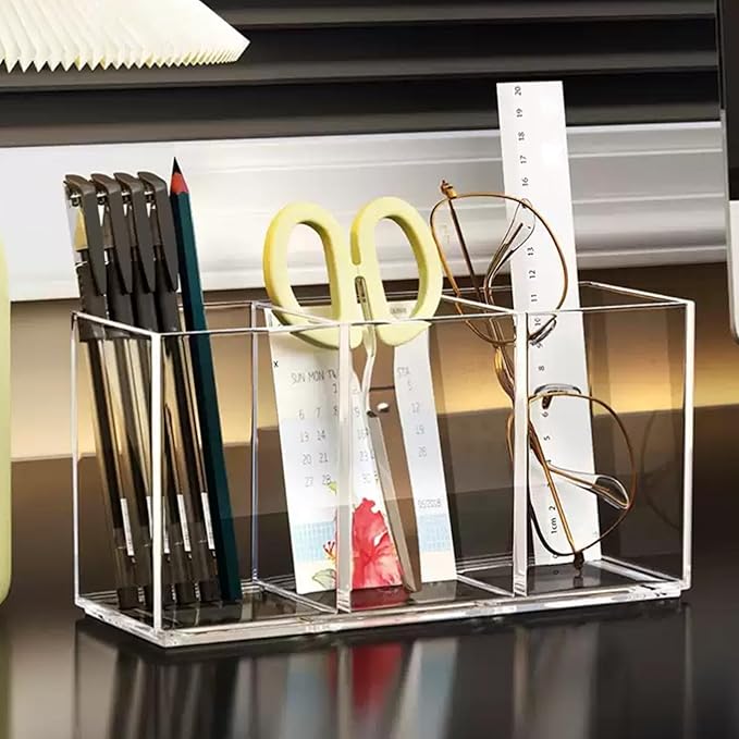 Acrylic Makeup Brush Holder, 2 Pack Clear Pencil Holder, Desk Accessories Holder with 3 Compartments, Brush Organizer for Vanity, Desk, Cosmetic Display
