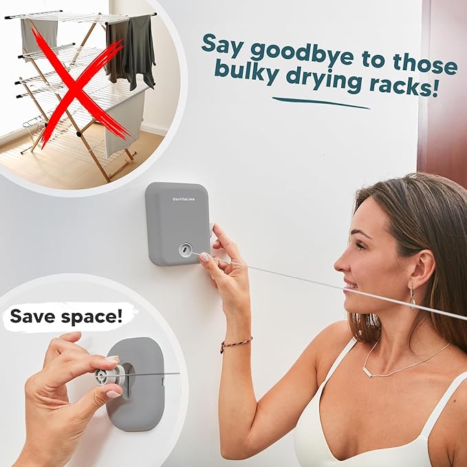 GorillaLine - Retractable Clothesline Indoor Outdoor Clothes Line - Heavy Duty Clothes Drying Laundry Line - Wall Mounted Drying Rack - Air Dry Clothing