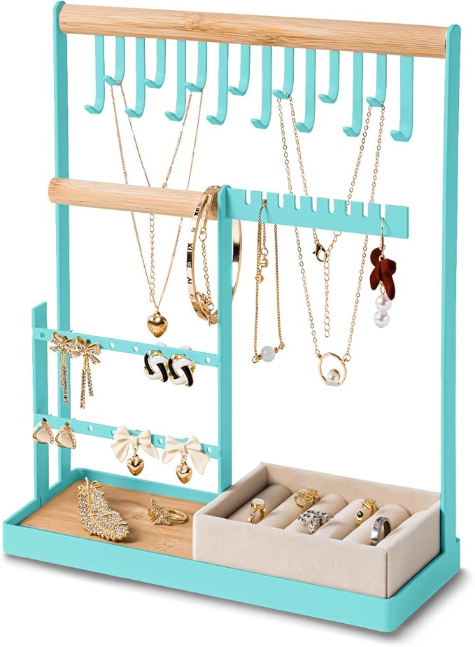 DreamGenius Jewelry Organizer Stand with Velvet Ring Holder, 4 Tier Jewelry Holder Organizer with 15 Hooks for Necklaces and 16 Holes for Earrings, Blue