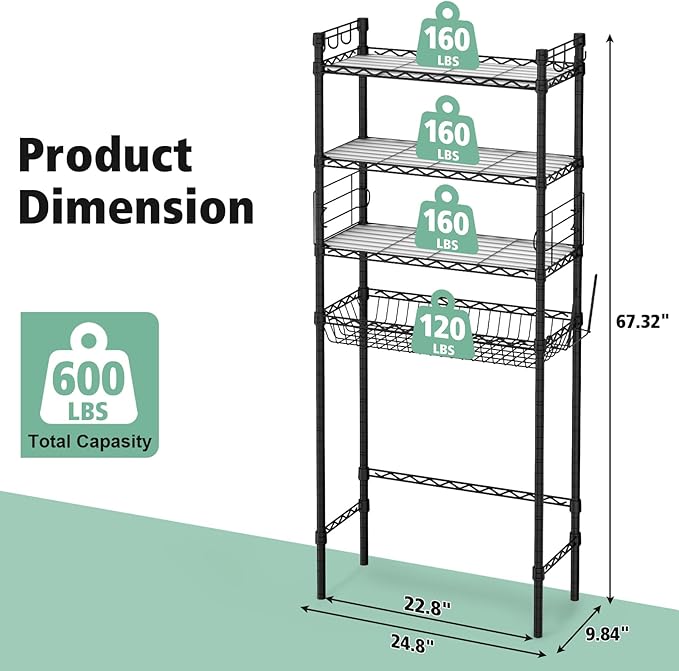 PrimeZone Over The Toilet Storage Shelf - 4 Tier Adjustable Metal Bathroom Wire Shelves Organizer with 2 Hooks, Freestanding Above Toilet Storage Rack for Bathroom Laundry, White
