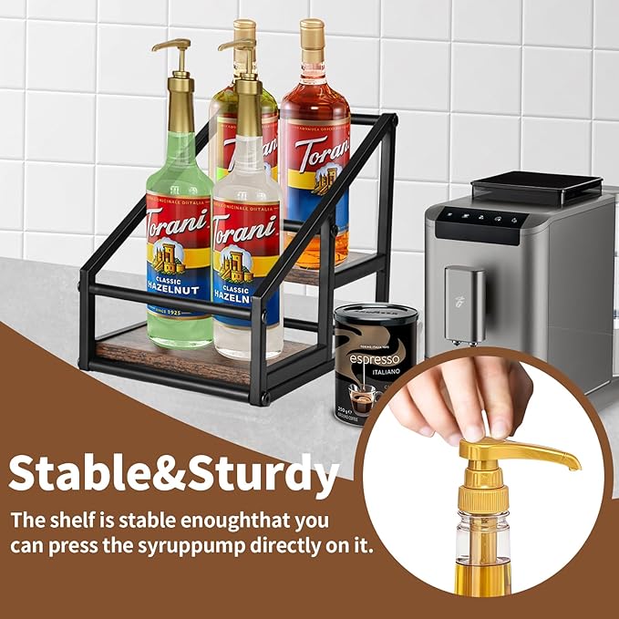 Coffee Syrup Rack Organizer,Liquor Bottle Display Shelf,2-Tier 4 Bottle Stand for Coffee Bar, Kitchen Station, Liquor, Wine, Dressing,Rustic Brown