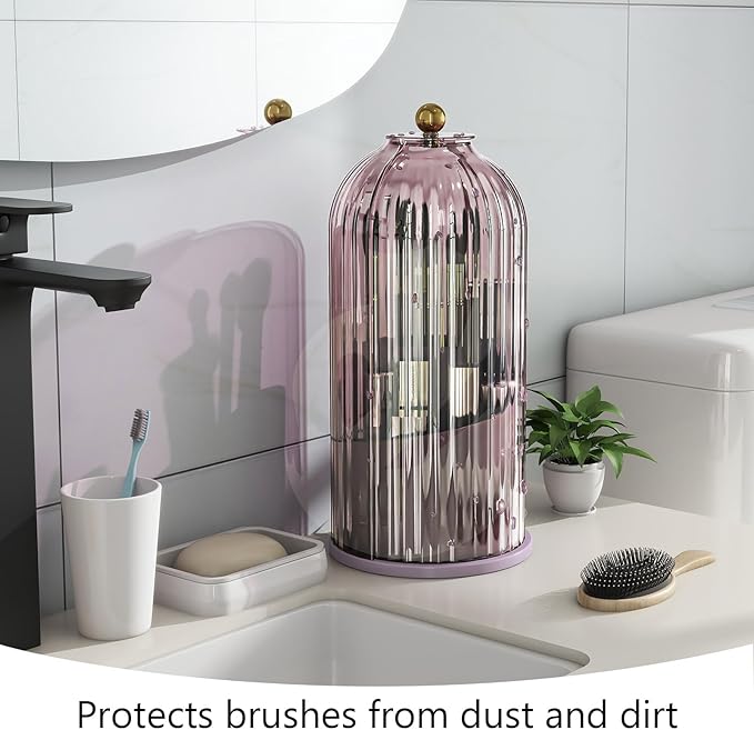 Makeup Brush Holder with Dustproof Cover 360 Rotating Makeup Brush Organizer for Vanity Bathroom, Pink