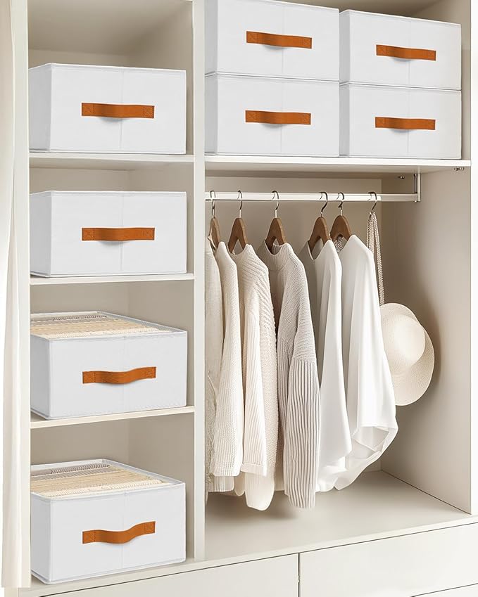 Closet Organizers and Storage - Fabric Clothes Organizer with Handles, Foldable Jeans Organizer for Clothes, Drawer Organizer for Shirts, Bra, Sweater, Scarf, 6 Pack, White