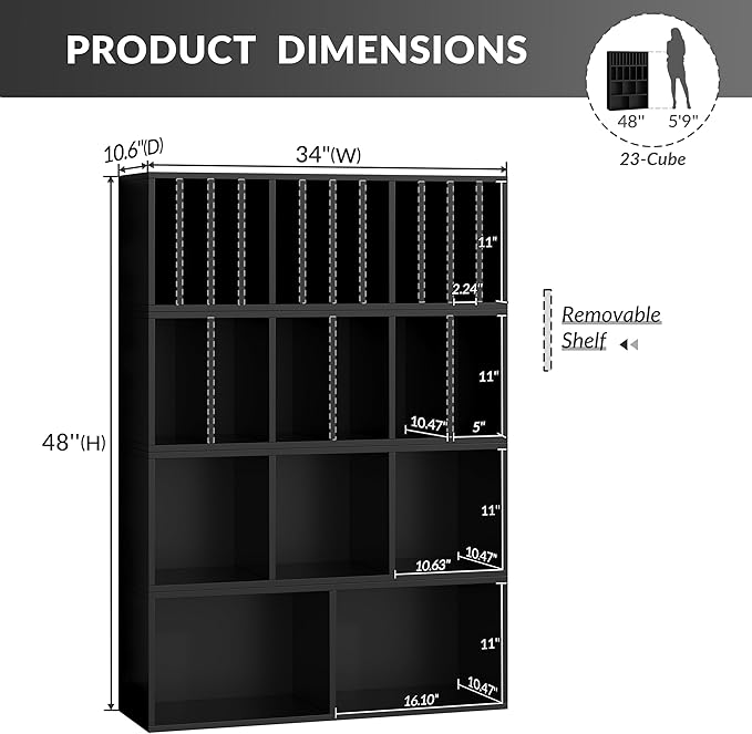 IOTXY DIY Modular Cube Bookcase - CubeXY Customizable Stackable Expandable Combination Set, 23-Cube Open Bookshelf for Books, Fabric Storage Bin, and Vinyl Record Organizer, Black