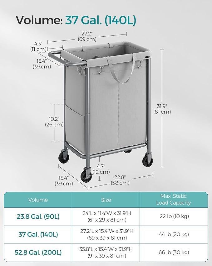SONGMICS Laundry Basket with Wheels, Rolling Laundry Hamper, 23.8 Gallons (90 L), Removable Liner, Steel Frame with Handle, 24 x 11.4 x 31.9 Inches, Dove Gray URLS003G01