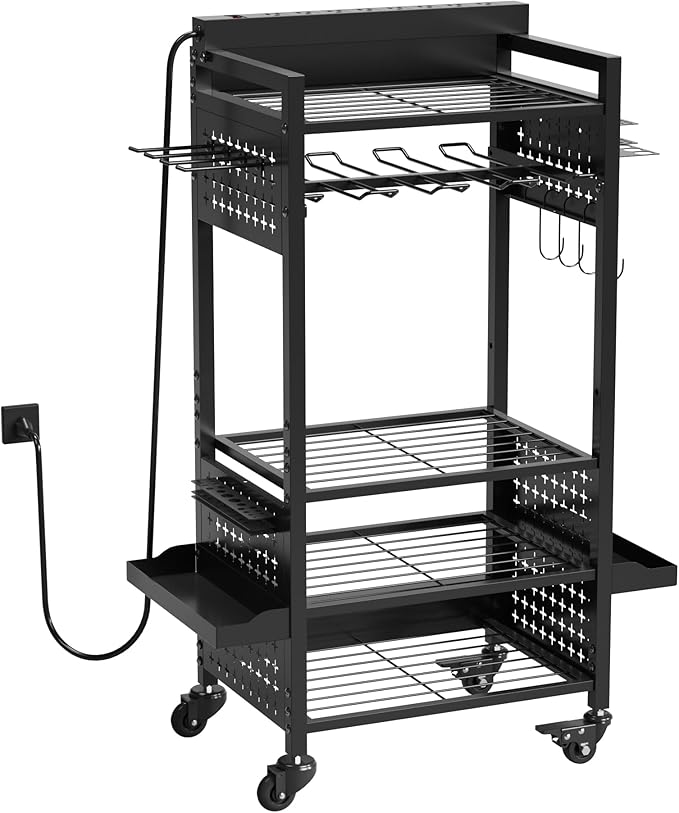 Power Tool Organizer Rolling Cart with 8 Charger Outlets, Heavy Duty Mobile Tool Storage Cart, 5 Tier Garage Organizer with Drill Holder, All-in-One Workshop Utility Cart on Wheels