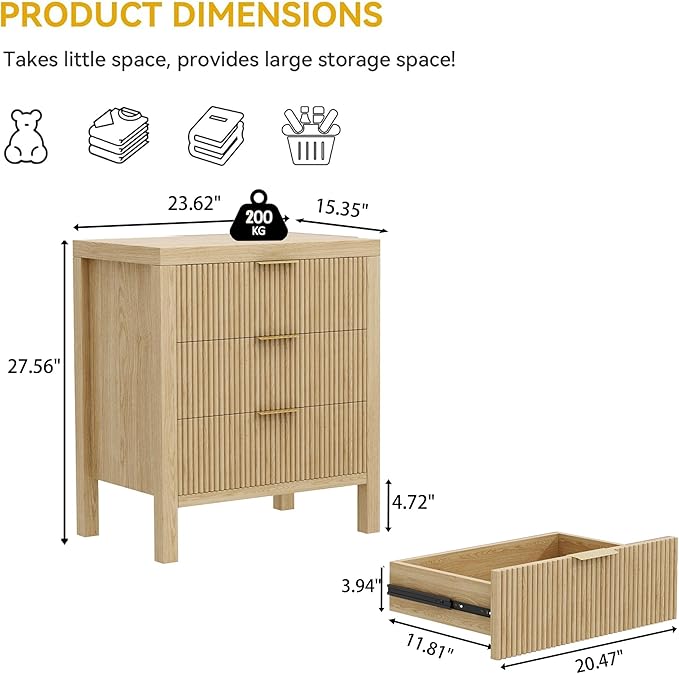 3 Drawer Dresser, Mid Century Modern Chest of Drawers with Waveform Panel, Large Fluted Dresser with Wide Drawers Wood Storage for Bedroom, Hallway, Entryway, Nature