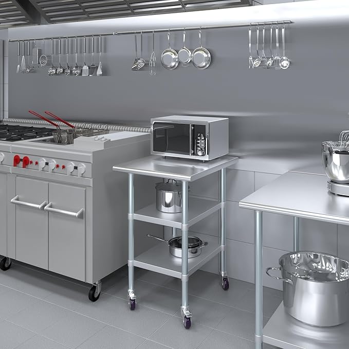 AmGood Stainless Steel Work Table with 2 Shelves and Casters (Stainless Steel Work Table with 2 Shelves + Casters, 24" Long x 30" Deep)
