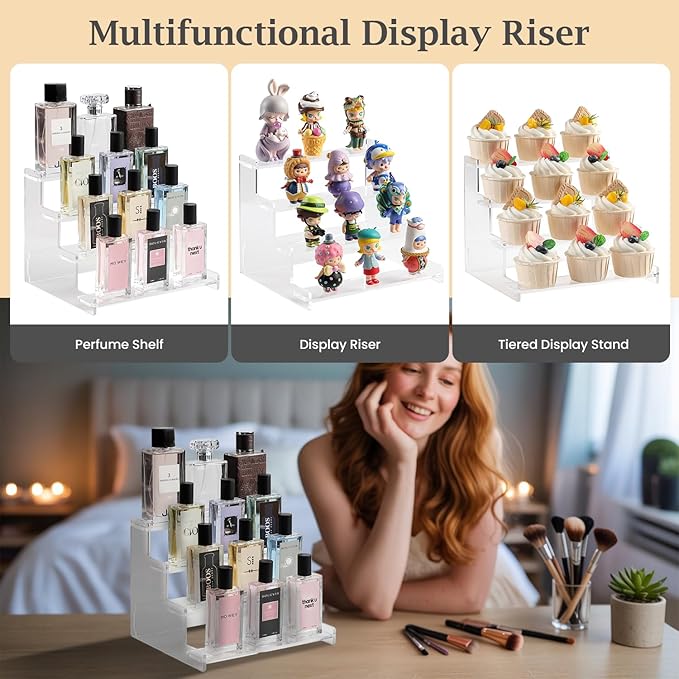 4-Tier Acrylic Display Riser Stand – 22.8x20x18.2cm Clear Perfume Stand for Display on Vanity, Countertops, & Retail Use – Tiered Acrylic Shelf for Figures, Cupcakes, Bottles, & Desserts
