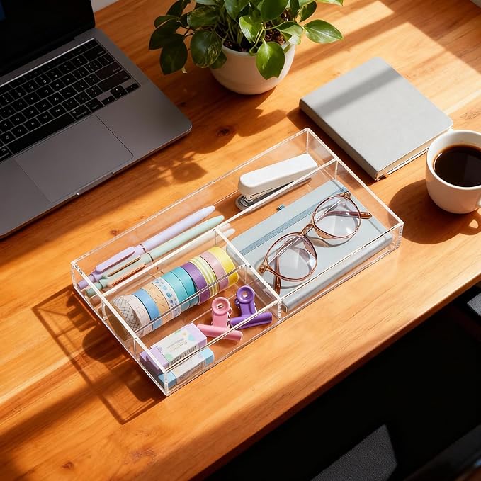 Acrylic Desk Drawer Organizer 11 x 6.1 x 1.38 Inch Storage Tray Organizer for Pens, Stationery, Desktop, Office, Bathroom, Kitchen, Makeup Supplies(4 Compartments, Clear)