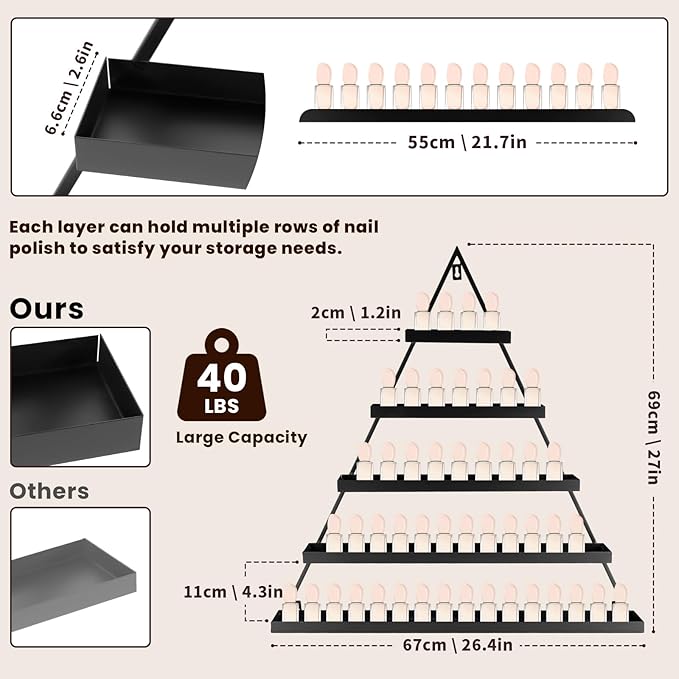 10PCS Nail Polish Rack Wall Mounted Shelf, 5 Tiers Black Triangular Display Rack, Cosmetic Display Cases, Lipstick Perfume Wall Shelf Essential Oil Organizer for Home Spa Nail Salon Shop (Black)