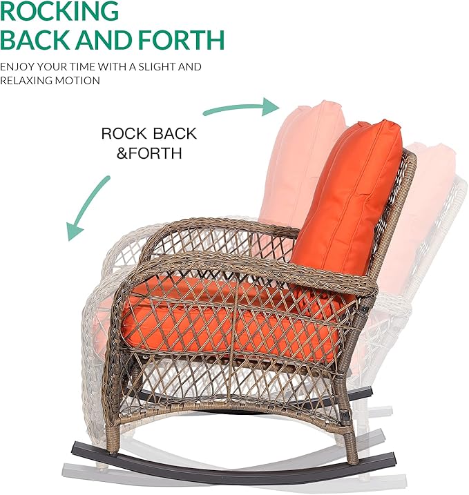 VIVIJASON 3-Piece Outdoor Conversation Bistro Set, Patio Wicker Rocking Chairs Rattan Furniture Sets w/ 2 Rattan Cushioned Chairs and Glass Top Side Table for Garden Porch Backyard (Orange)