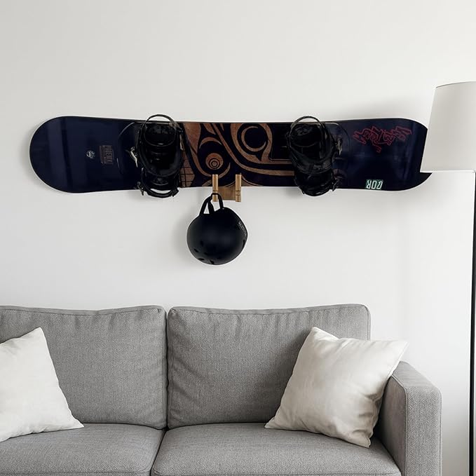 COR Surf Skateboard and Snowboard Wall Mount | Bamboo Skateboard Rack with Extra Storage Hook for Helmet or Bag