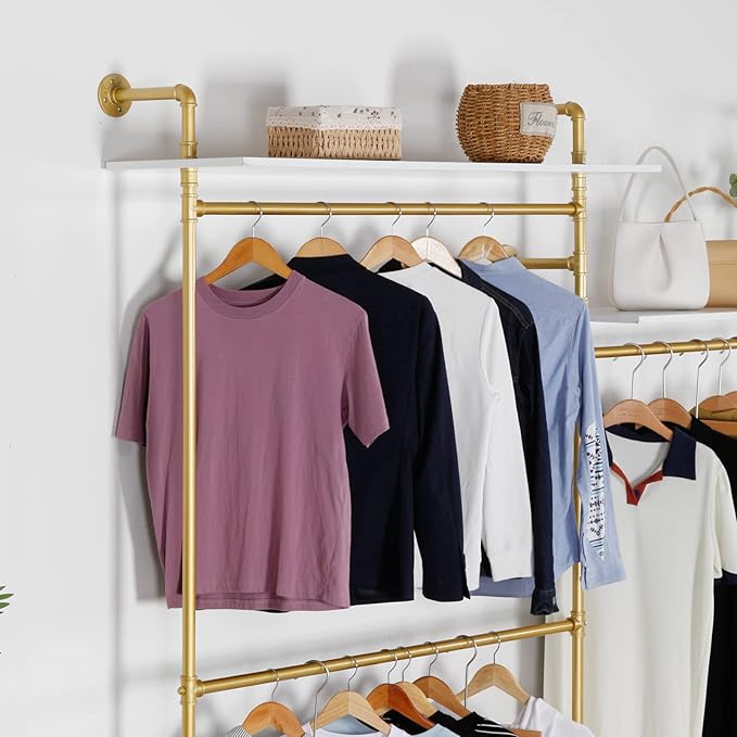 Industrial Pipe Clothing Rack Wall Mounted 5 Hanging Rods Garment Bar with Storage Shelf, Heavy Duty Metal Clothes Racks Closet System for Hanging Clothes Retail Display (Gold)