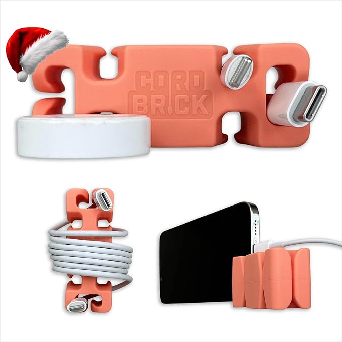 CordBrick Stocking Stuffers for Adults Cord Management Weighted Cord Holder Cable Wrap Phone Stand - Multiuse Gadget Organizer for Nightstand, Desk. Gift for Men, Durable Silicone. 1pk Coral