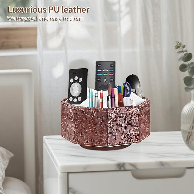 Remote Control Holder, Swivel 9 Rooms Desk Organizer and Decorations for Living Room, Leather Bedside Storage Caddy for TV Controllers/ Makeup Brush Pen/ Office Stationery/ Art Supplies/ Eyeglasses