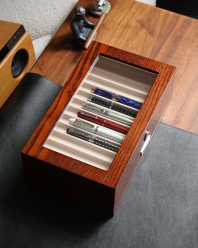 wood pen display case 24 slot Fountain pen Box storage Organizer with drawer, Top Glass Window Pen Collection Display Case
