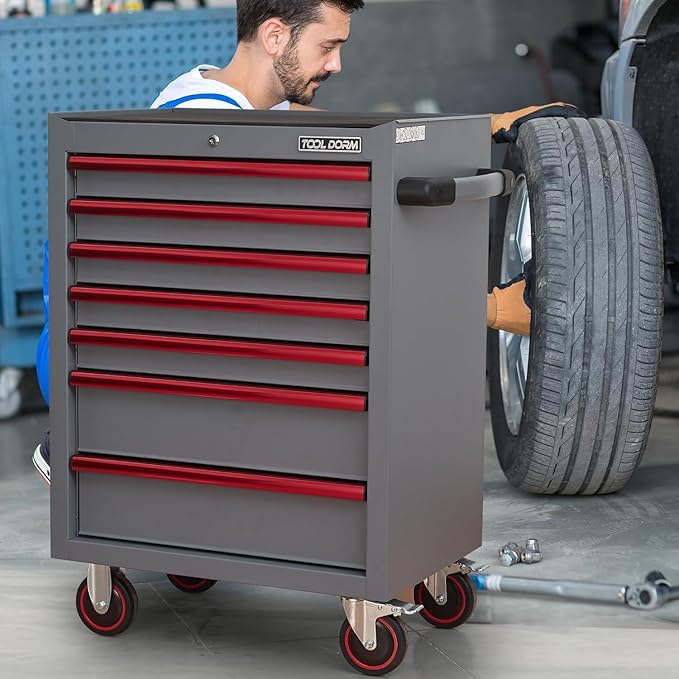 7-Drawer Rolling Tool Chest with Locking Wheels & Drawers, 18.11" D x 26.61" W x 38.3" H Mobile Tool Storage Cabinet, Heavy-Duty Garage Organizer with Ergonomic Handle