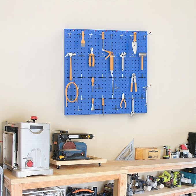 TORACK Metal Pegboard Wall Organizer 24" x 24" or 12" x 48", 70 PCS Tools Storage Pegboard for Garage Tool Organizer Pegboard with Peg Board Hooks for Workbench(Blue)