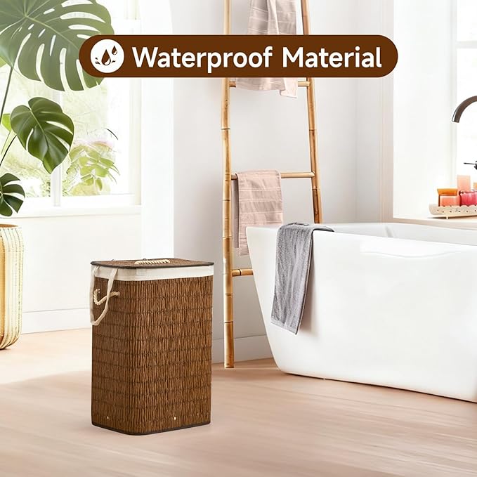 Laundry Hamper with Lid, 18.72 Gallons (72L) Laundry Basket with 2 Removable Liner Bags, Synthetic Rattan Clothes Hamper, laundry organization for bedroom, bathroom, laundry room, Brown