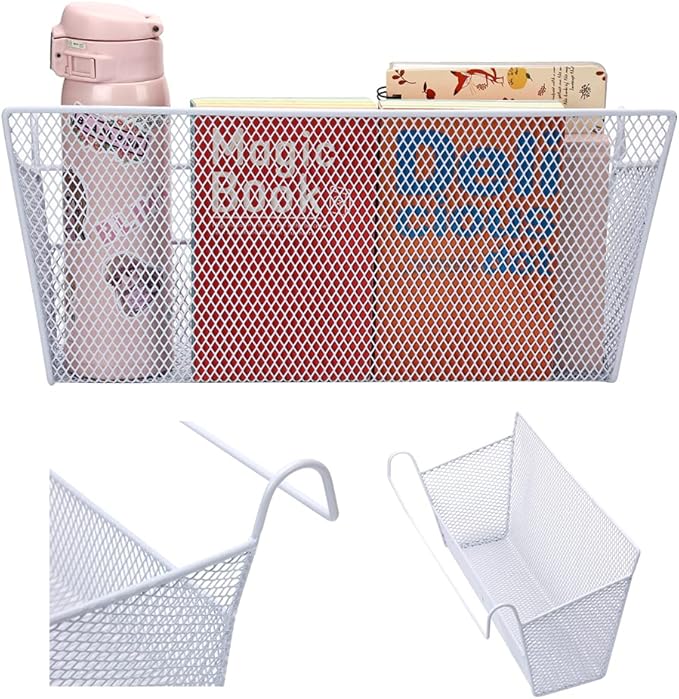 2 pcs Hanging metal mesh bedside storage basket， student dormitory bed storage baskets,used for bedside storage, beverage tissues and office rooms with hooks (white)