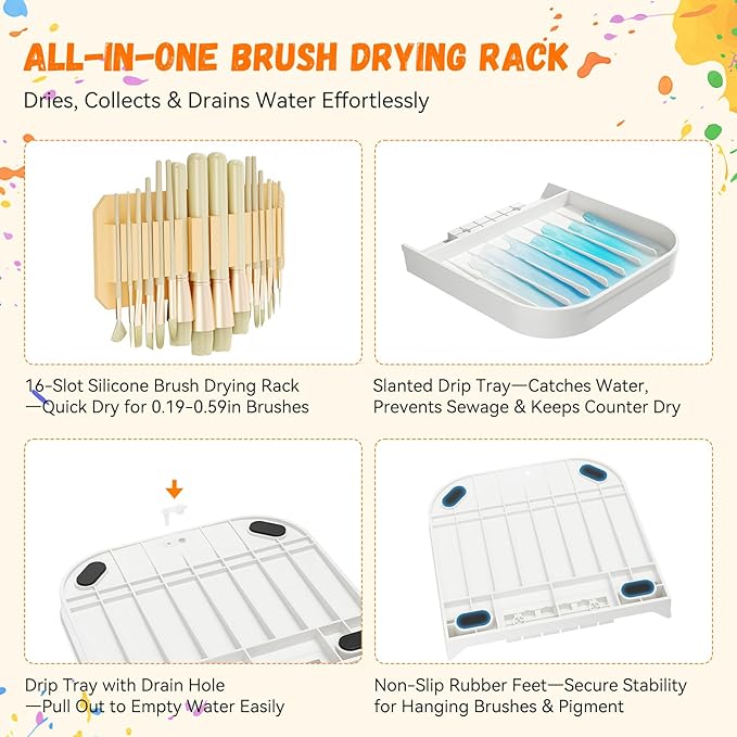 Paint Brush Holder Silicone Paint Brush Drying Rack With Drip Tray Removable Craft Paintbrush Storage Organizer Artist Plastic Pegboard Stand Watercolor Paintbrush Container Makeup Brush Drying Rack