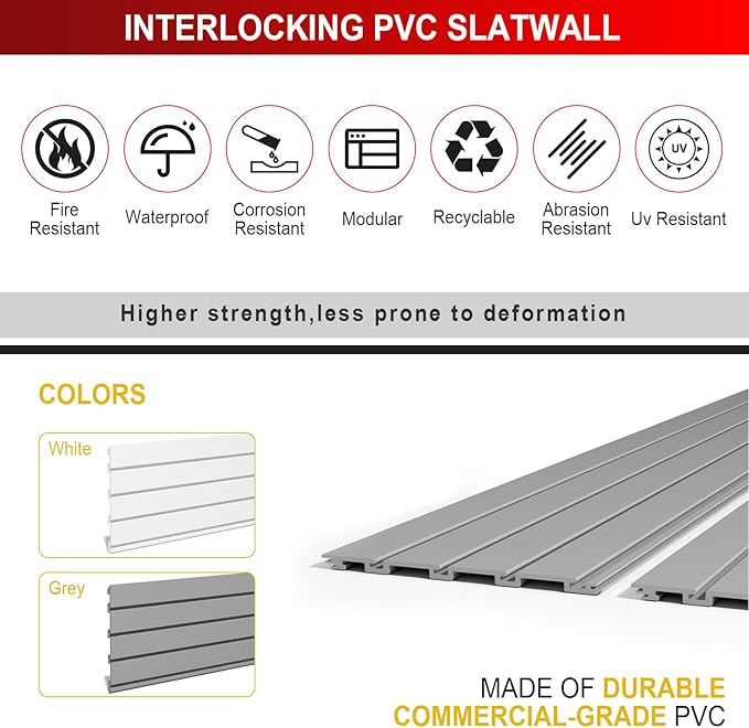 4 x 8 FT Slatwall Panel Garage Wall Organizer, Heavy Duty Slat Wall Paneling Sheets, Interlocking PVC Panels, Garage Slatwall for Tool Organization Mounted Storage Systems