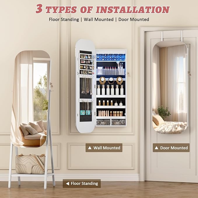 LVSOMT Round Mirror Jewelry Cabinet Door Hang, Jewelry Armoire with Mirror Wall Mounted, Hanging Mirror Jewelry Organizer, Full Length Mirror with Jewelry Storage, White